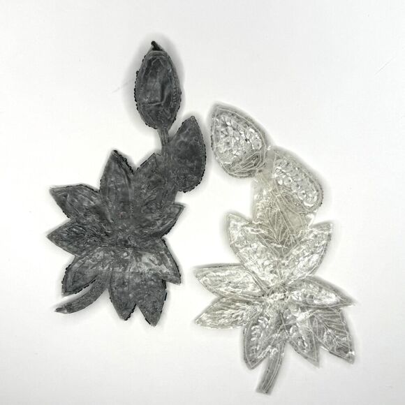 Set of 2 Large Beaded Sequin Floral Appliqués – Silver & Black - Picture 2 of 4